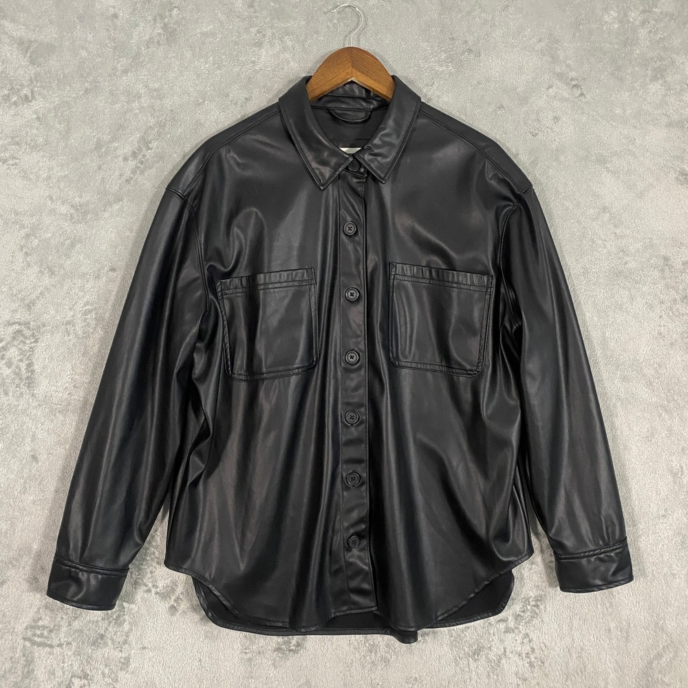 American Eagle Shirt‎ Jacket Sz L Black Vegan Leather Button Down Shacket Matrix